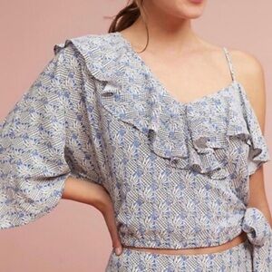 Maeve pineapple print one sleeve ruffley top